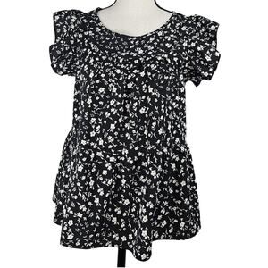 JILLUMI Black & White Floral Print Peplum Blouse Womens XSmall Puff Sleeve